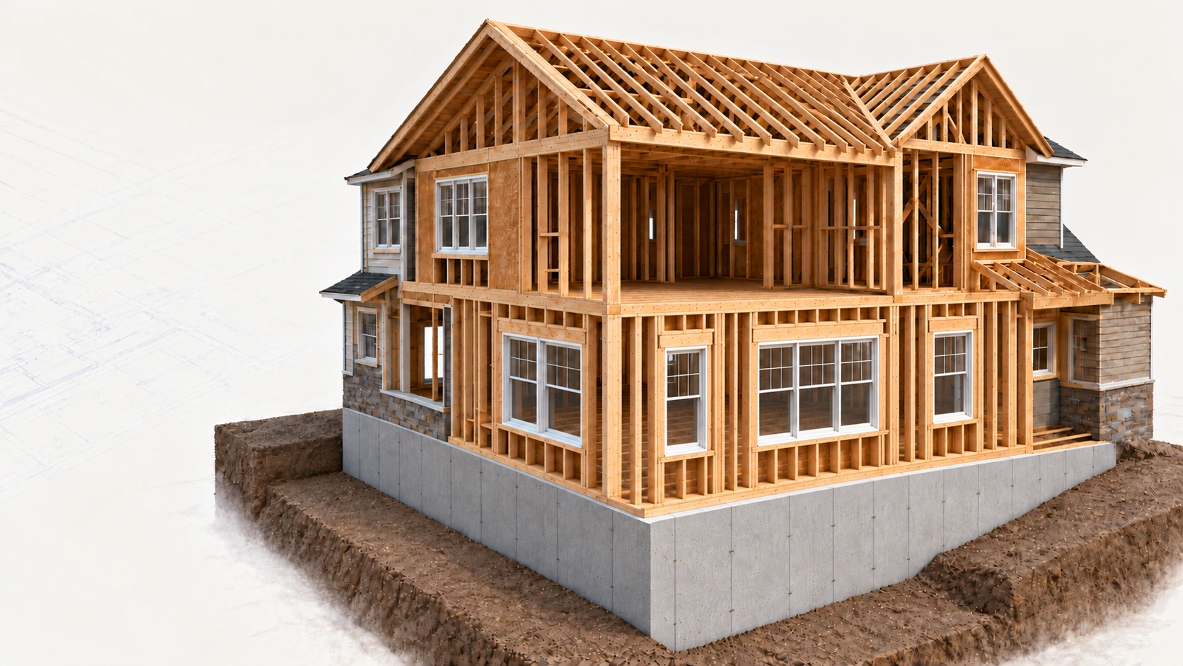Approved timber-house cutaway showing foundation-to-roof residential framing