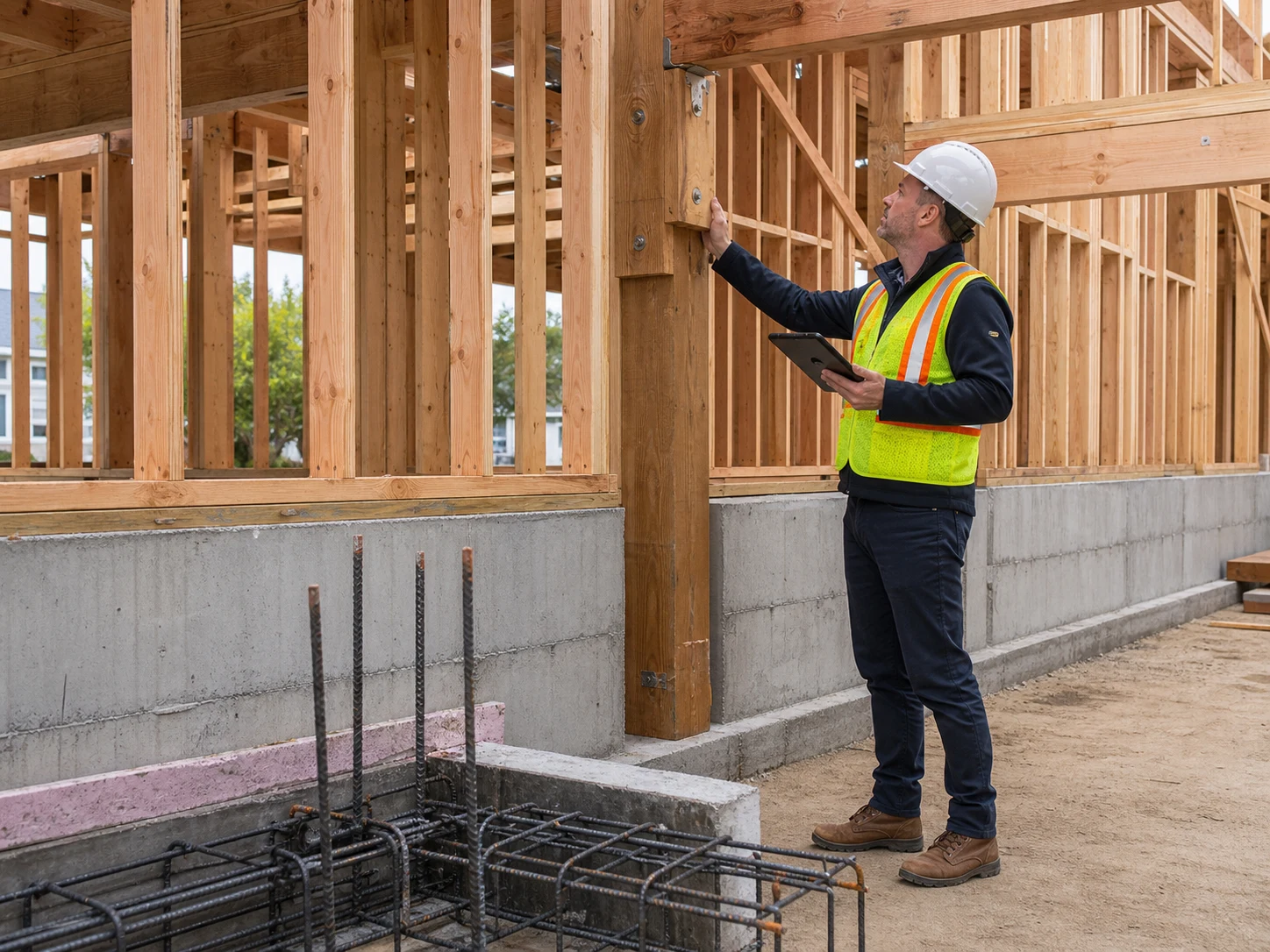 Illustration of a structural engineer inspecting residential framing and reinforcement