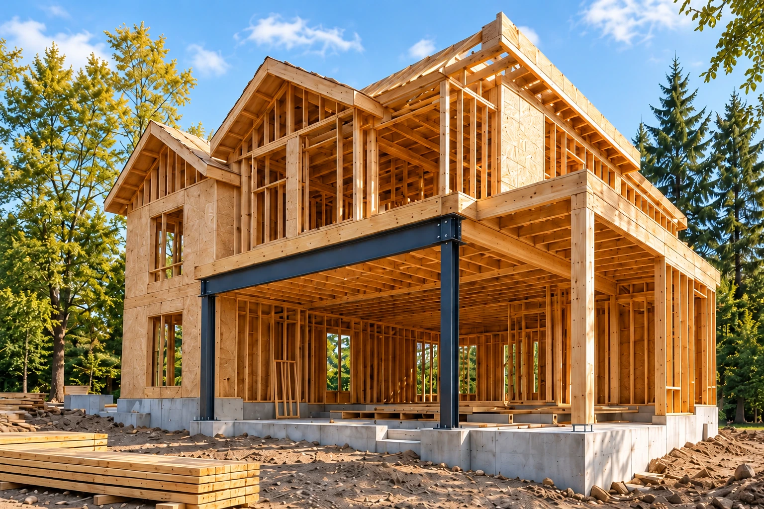 Approved timber house rendering with a front steel beam supported by steel columns at both ends