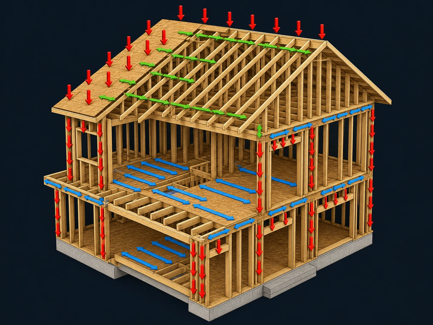 Structural load-path illustration showing loads transferring through roof, floors, walls and foundations